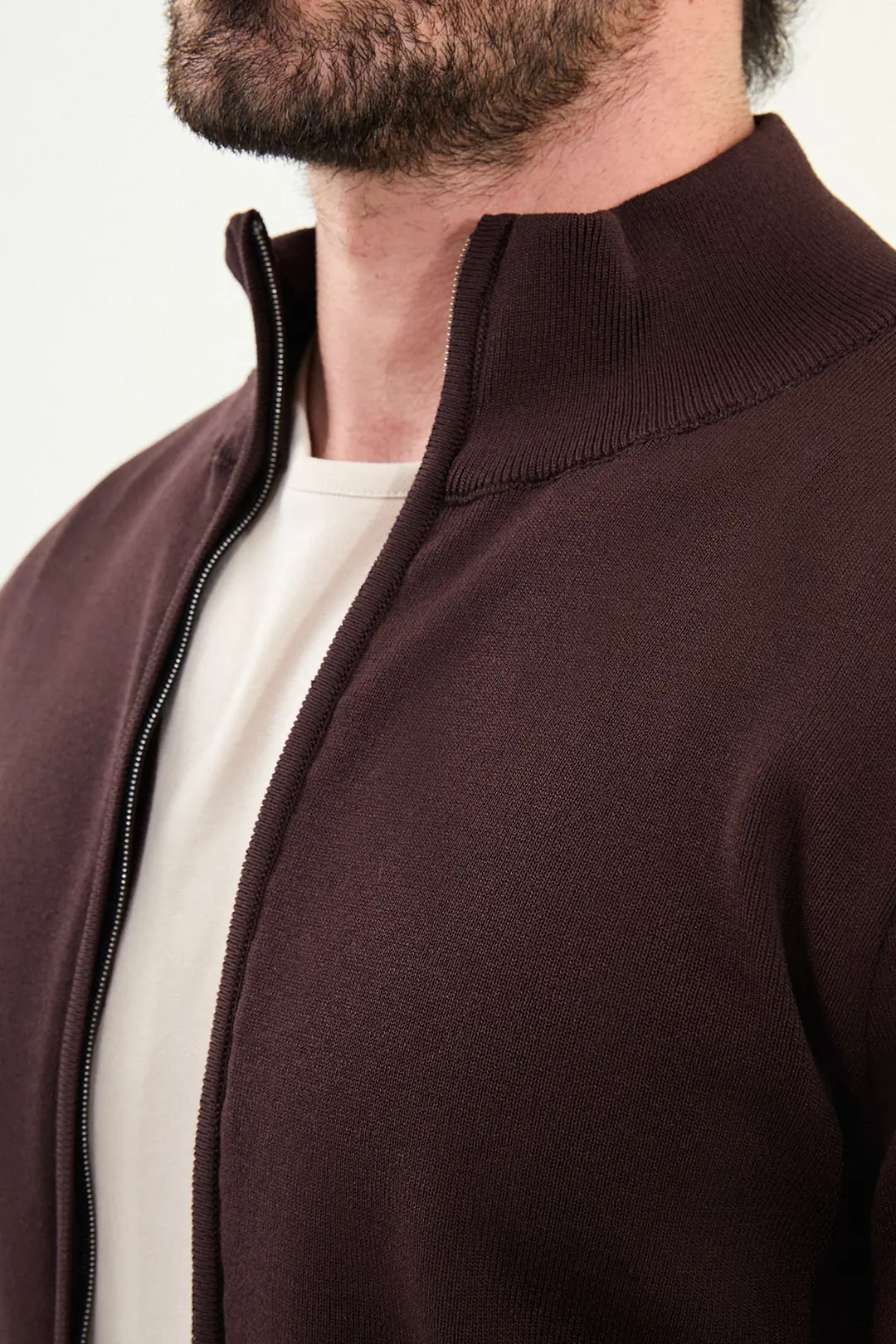 Slim Fit Erkek Çift Fermuarlı Boğazlı Yaka Örme Hırka 5