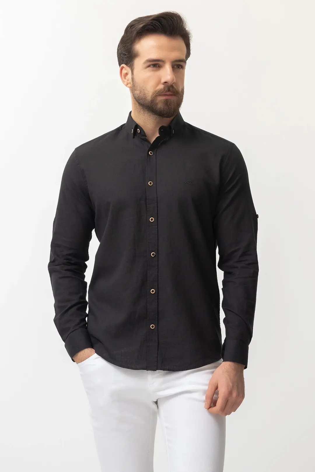 Slim Fit Erkek Düğmeli Yaka Keten Uzun Kol Gömlek - SİYAH