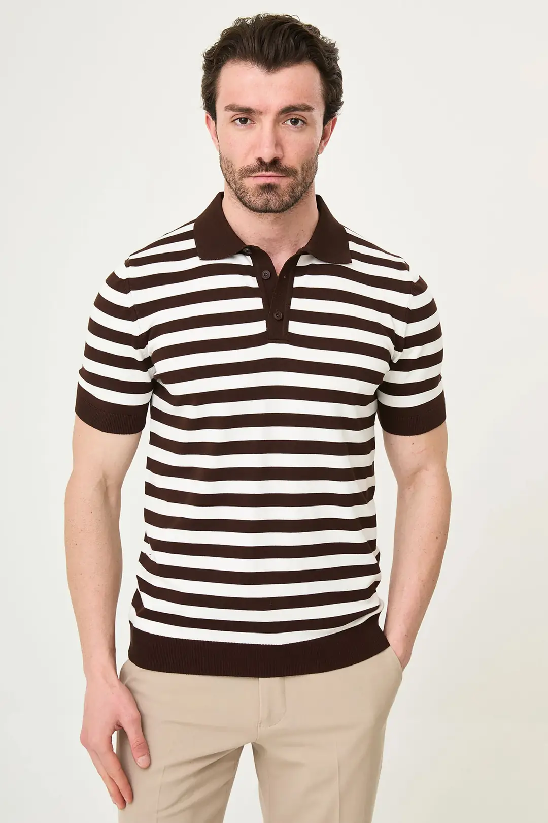 Slim Fit Polo Yaka Düğmeli Çizgili Kısa Kollu Tshırt
