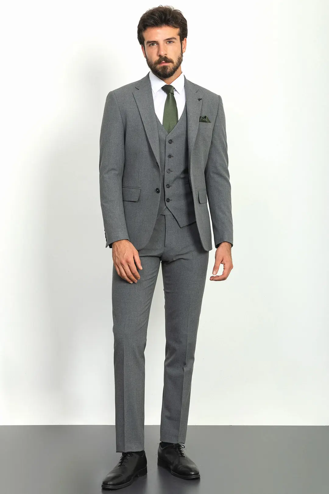 Slim Fit Erkek Mono Yaka Likralı Yelekli Takım Elbise - GRİ