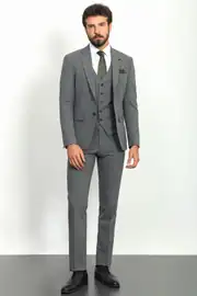 Slim Fit Erkek Mono Yaka Likralı Yelekli Takım Elbise 1