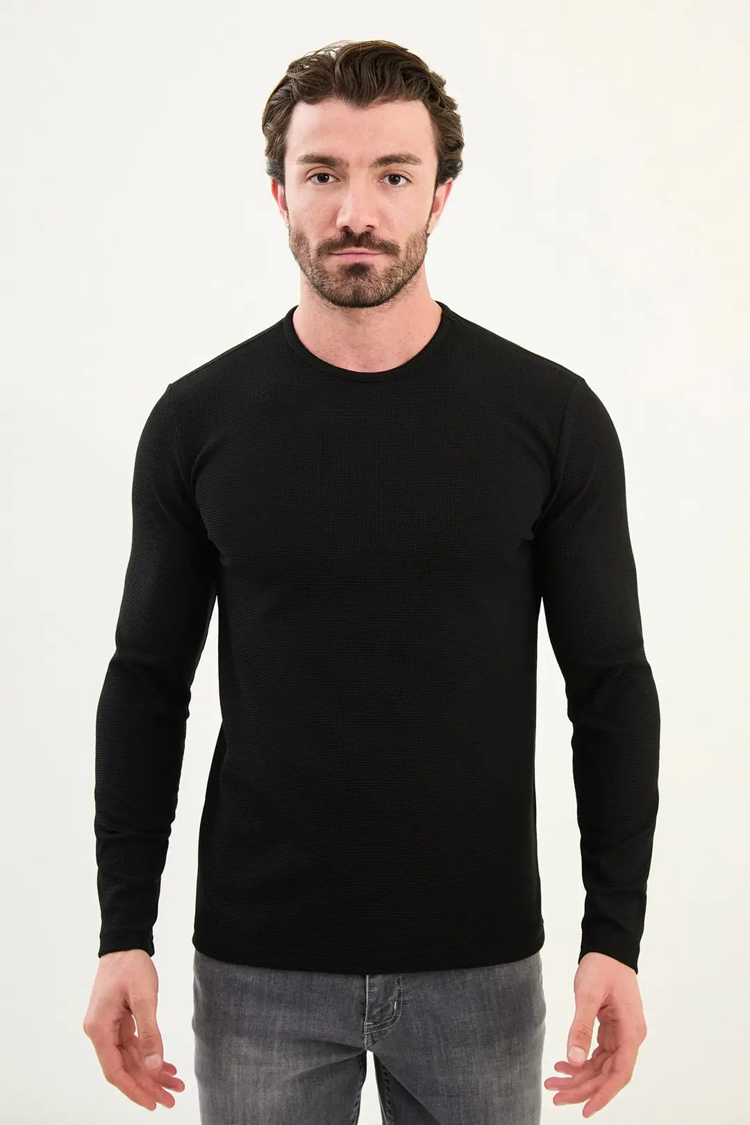 Slim Fit Erkek Dokulu Örme O Yaka Sweat - SİYAH