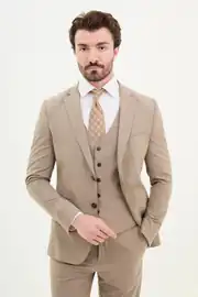 Slim Fit Erkek Mono Yaka Yelekli Likralı Rahat Çift Düğme Takım Elbise 2