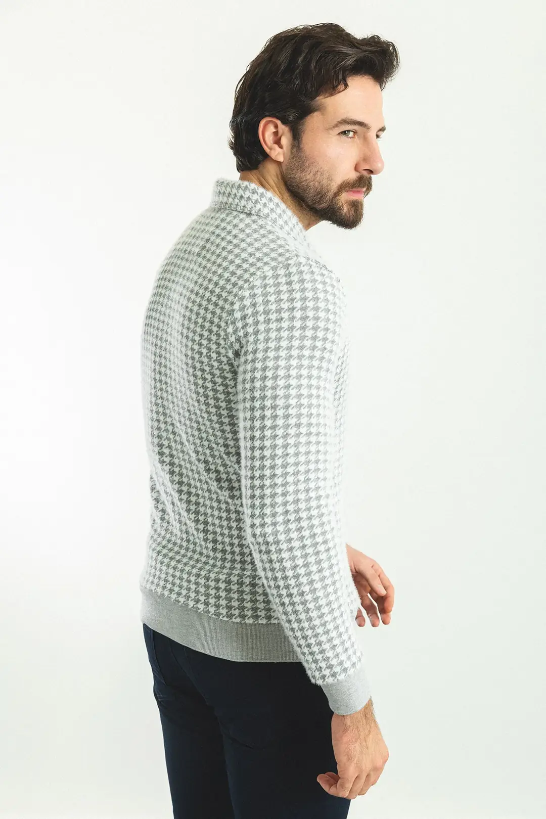 Slim Fit Erkek Kaz Ayağı Desen Polo Yaka Triko Kazak 3