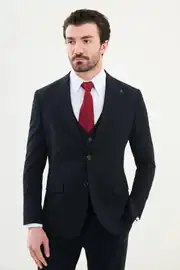 Slim Fit Erkek Sivri Yaka Likralı Yelekli Takım Elbise 2