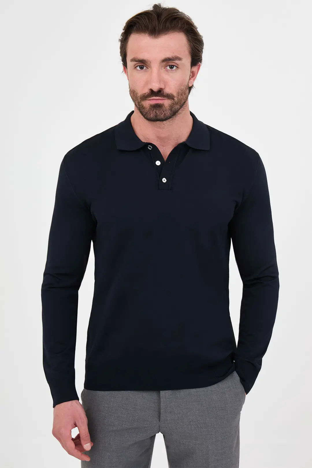 Slim Fit Erkek Polo Yaka Düğmeli Pamuklu Triko  - LACİVERT