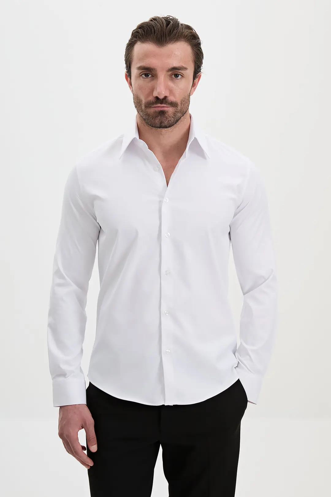 Slim Fit Erkek Pamuk Saten Geniş Yaka Gömlek 