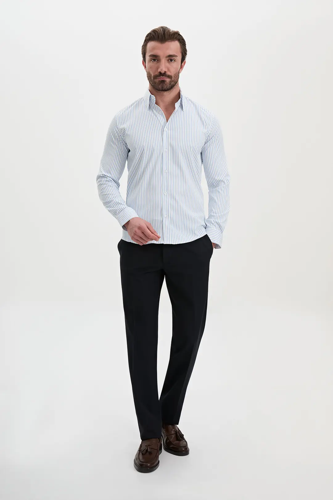 Slim Fit Erkek Geniş Yaka Çizgili Pamuklu Gömlek  3