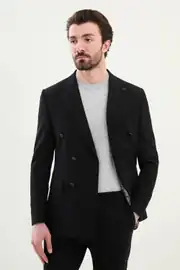 Slim Fit Erkek Sivri Yaka Gofre Dokuma Likralı Kruvaze Ceket 2