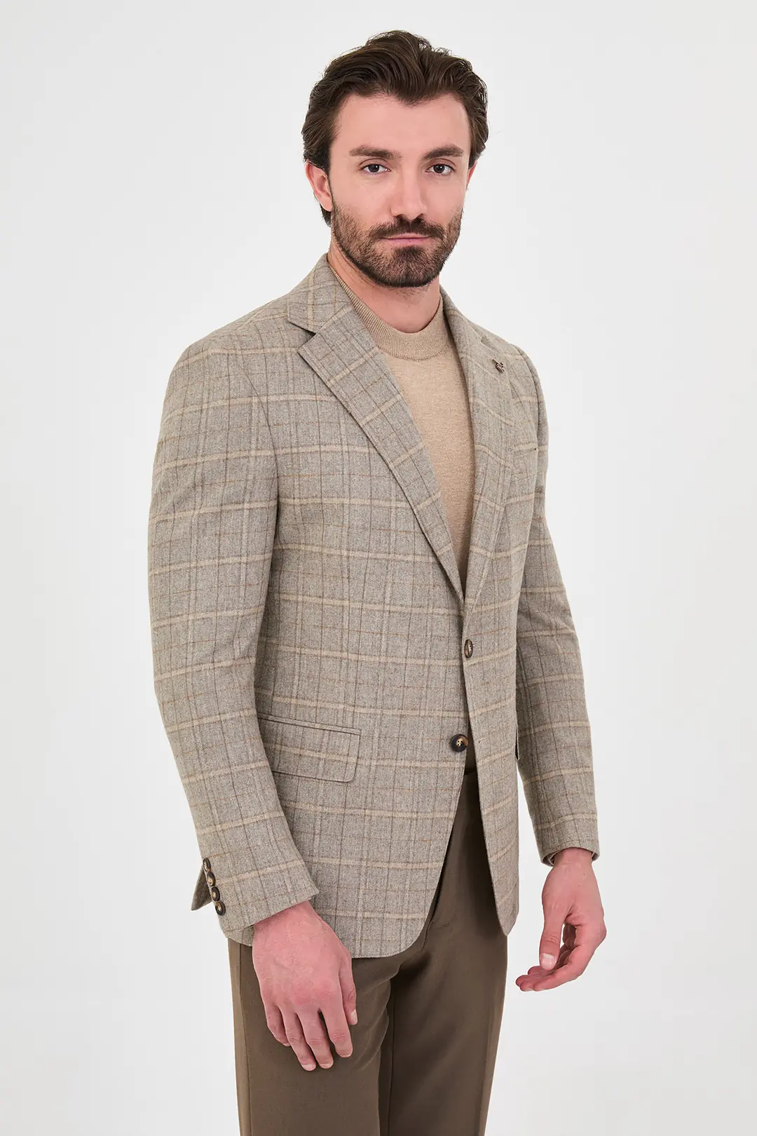 Yün Kumaş Ekose Model  Mono Yaka Erkek Premium Kışlık Ceket  3