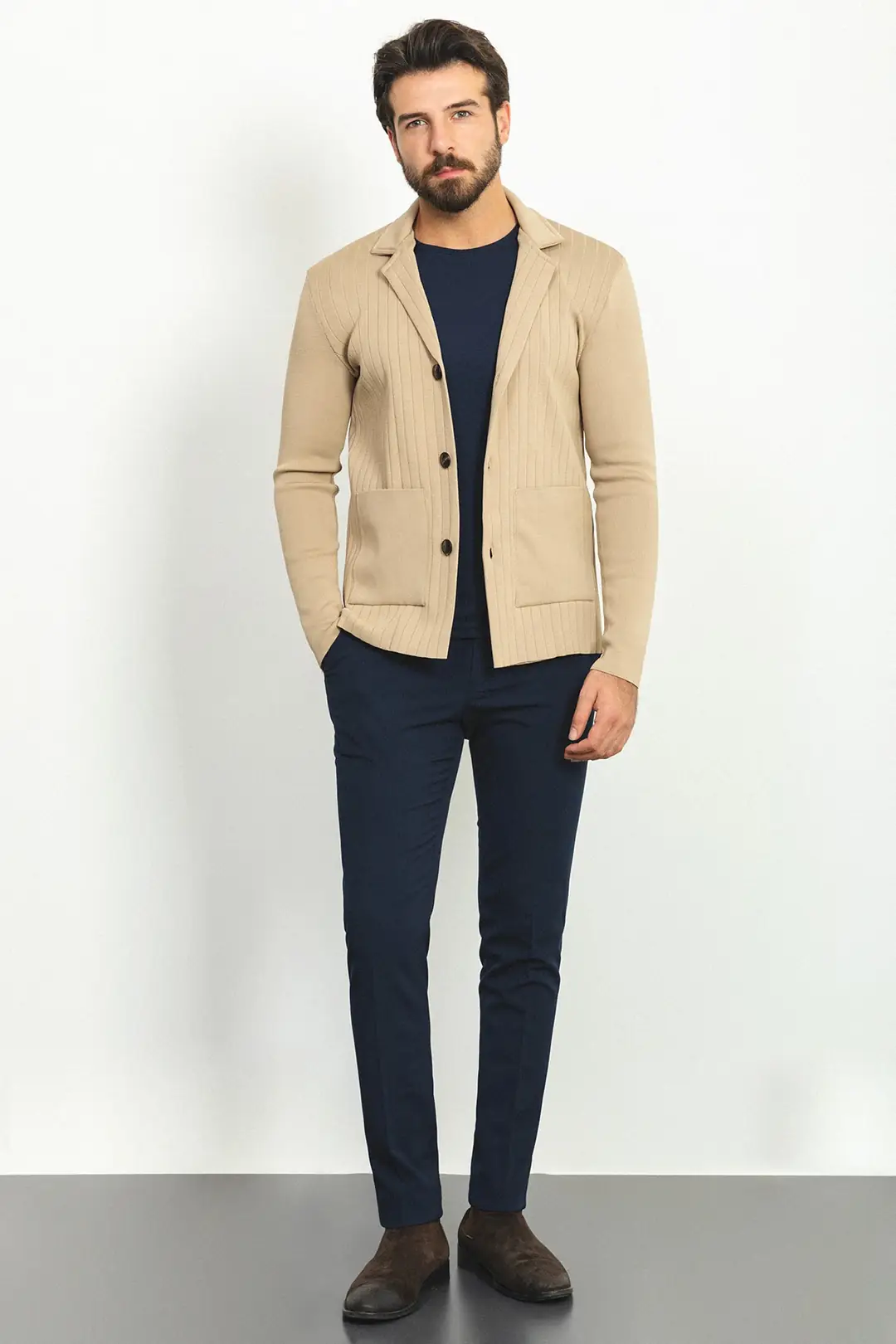 Slim Fit Erkek Çelik Örgü Düğmeli Cepli Çizgi Desen Hırka 3