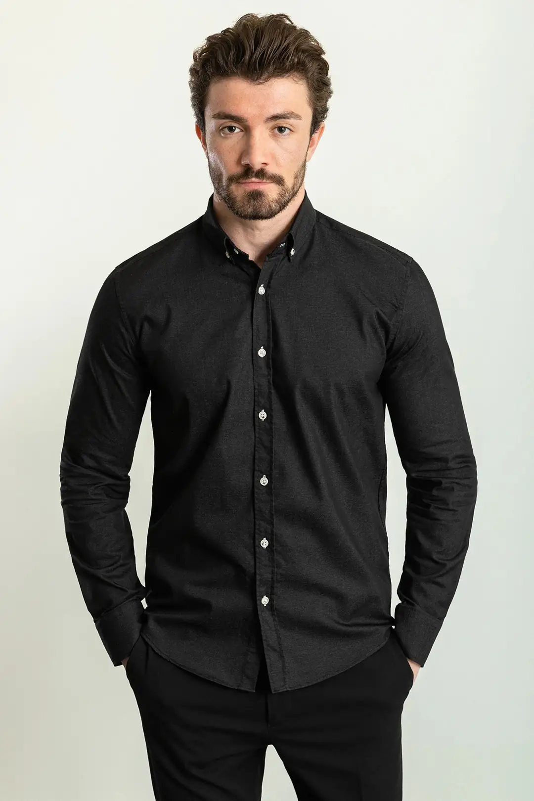 Slim Fit Erkek Düğmeli Yaka Uzun Kol Keten Gömlek