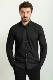 Slim Fit Erkek Düğmeli Yaka Uzun Kol Keten Gömlek 1
