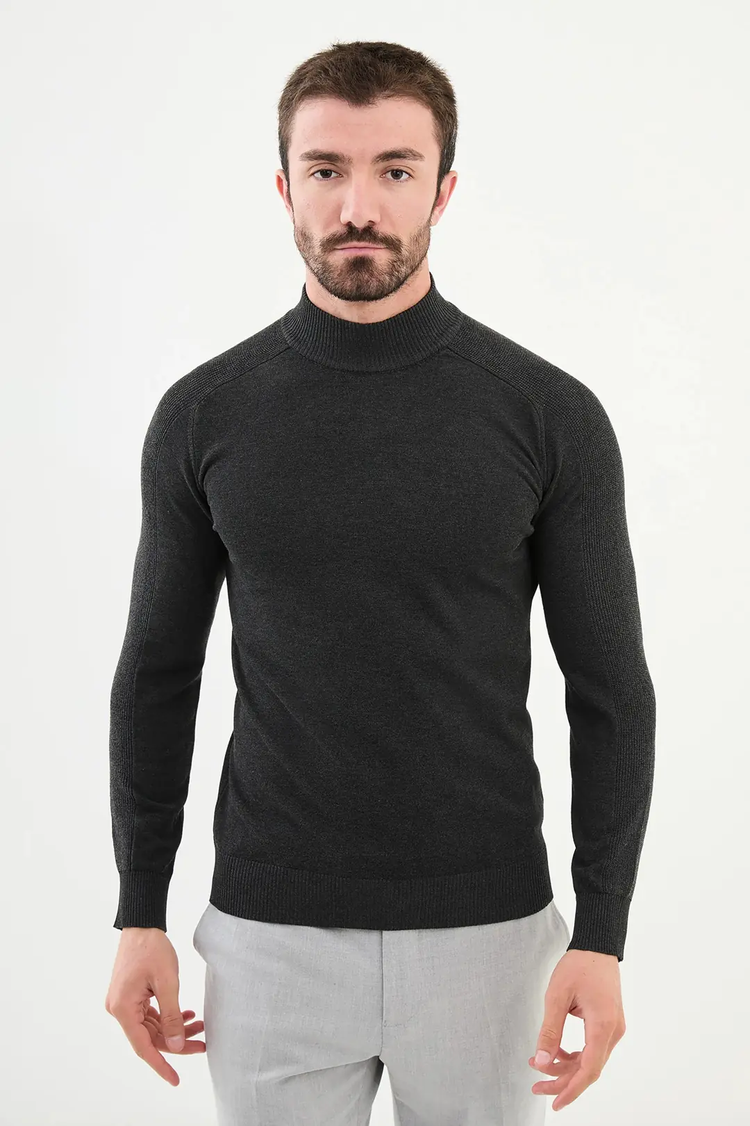 Slim Fit Erkek Yarım Balıkçı Dokuma Triko Kazak - ANTRASİT