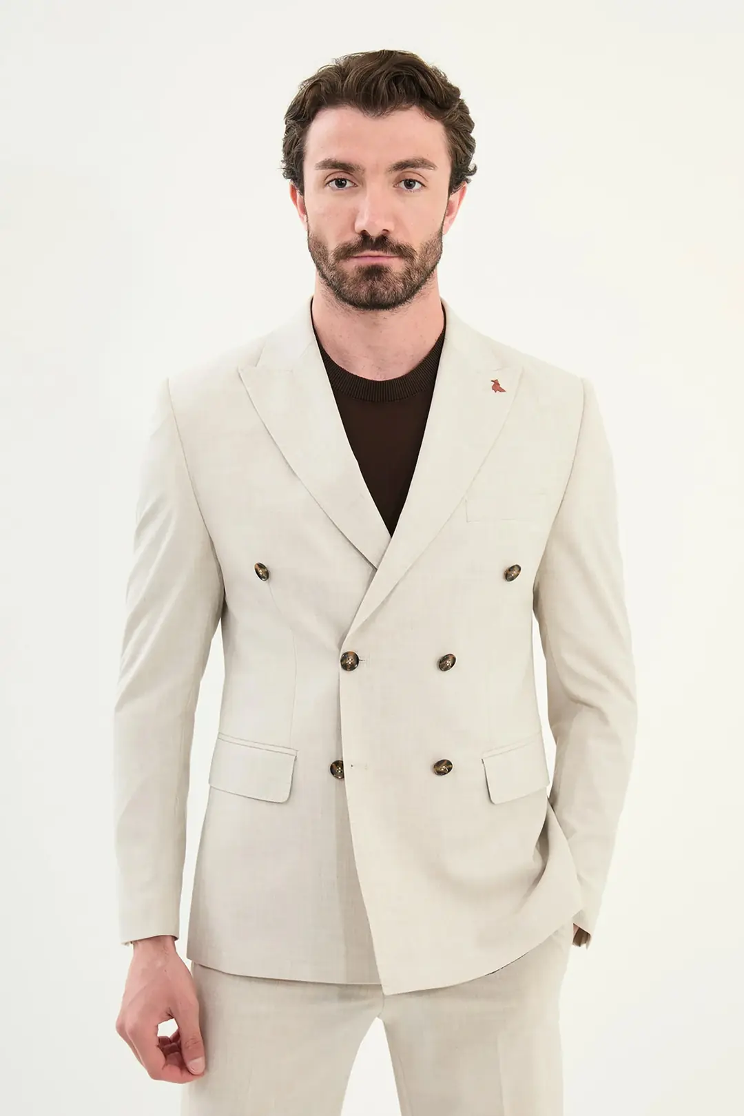 Slim Fit Erkek Yün Kumaş Kruvaze Takım Elbise - EKRU