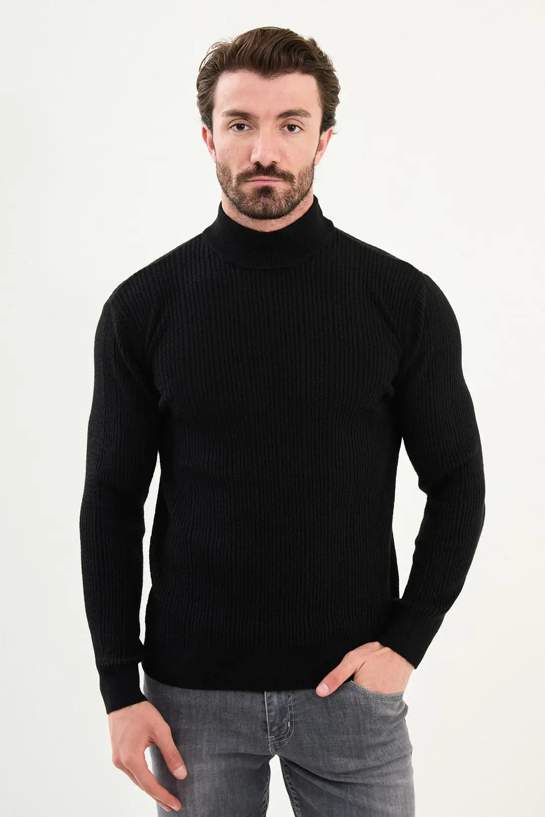Slim Fit Erkek Yarım Balıkçı Yaka Çizgi Desen Triko Kazak  - SİYAH