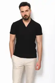 Slim Fit Erkek Apaç Yaka Dokulu Kısa Kol Tshırt 1