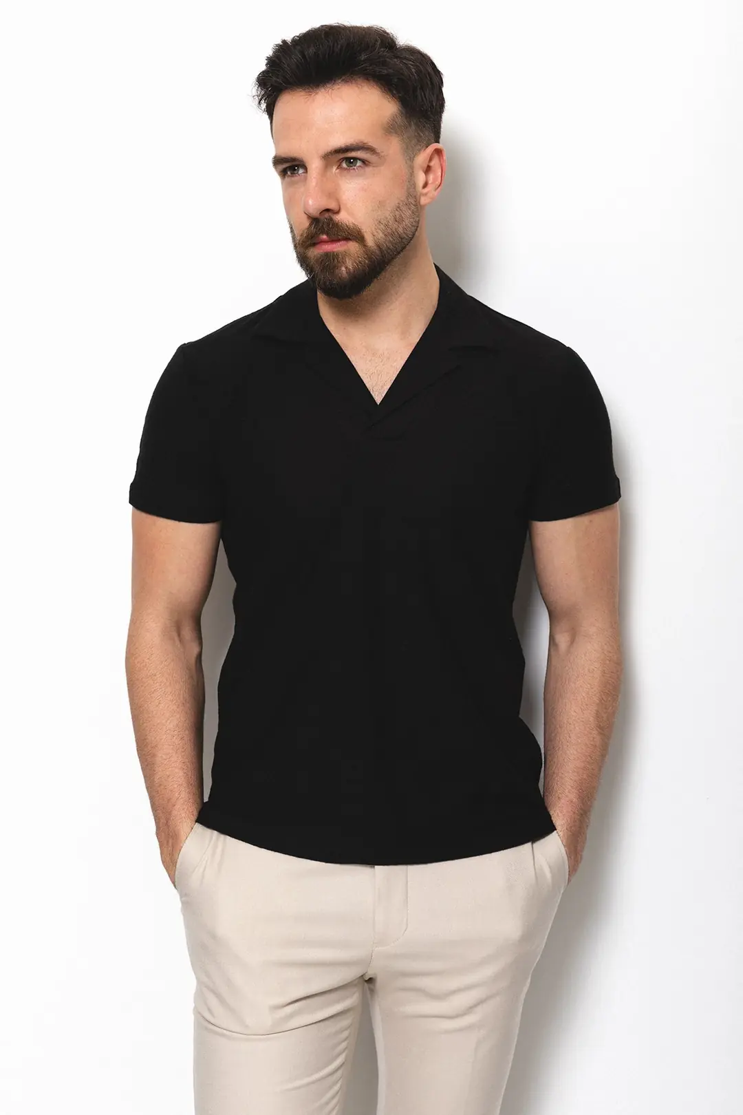 Slim Fit Erkek Apaç Yaka Dokulu Kısa Kol Tshırt 2