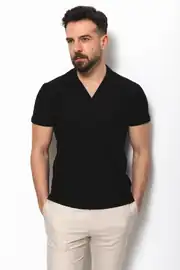 Slim Fit Erkek Apaç Yaka Dokulu Kısa Kol Tshırt 2