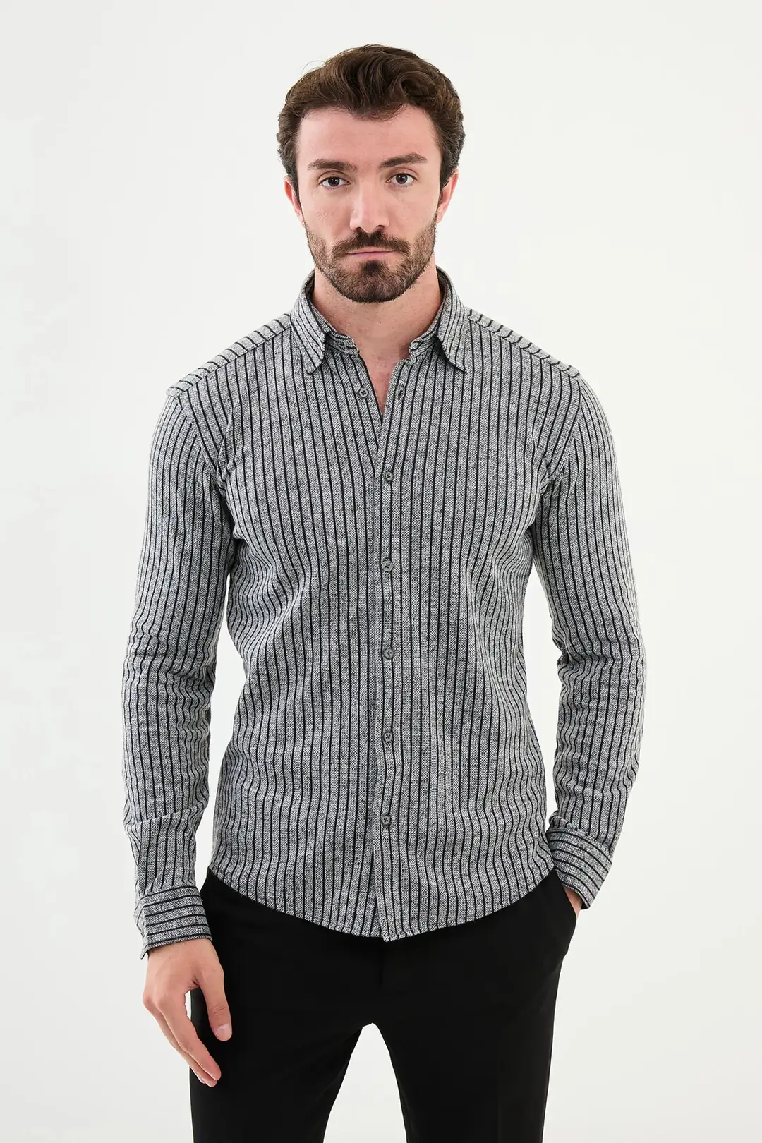 Slim Fit Erkek Çizgili Esnek Kumaş Kışlık Spor Gömlek