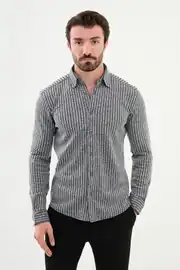 Slim Fit Erkek Çizgili Esnek Kumaş Kışlık Spor Gömlek 1