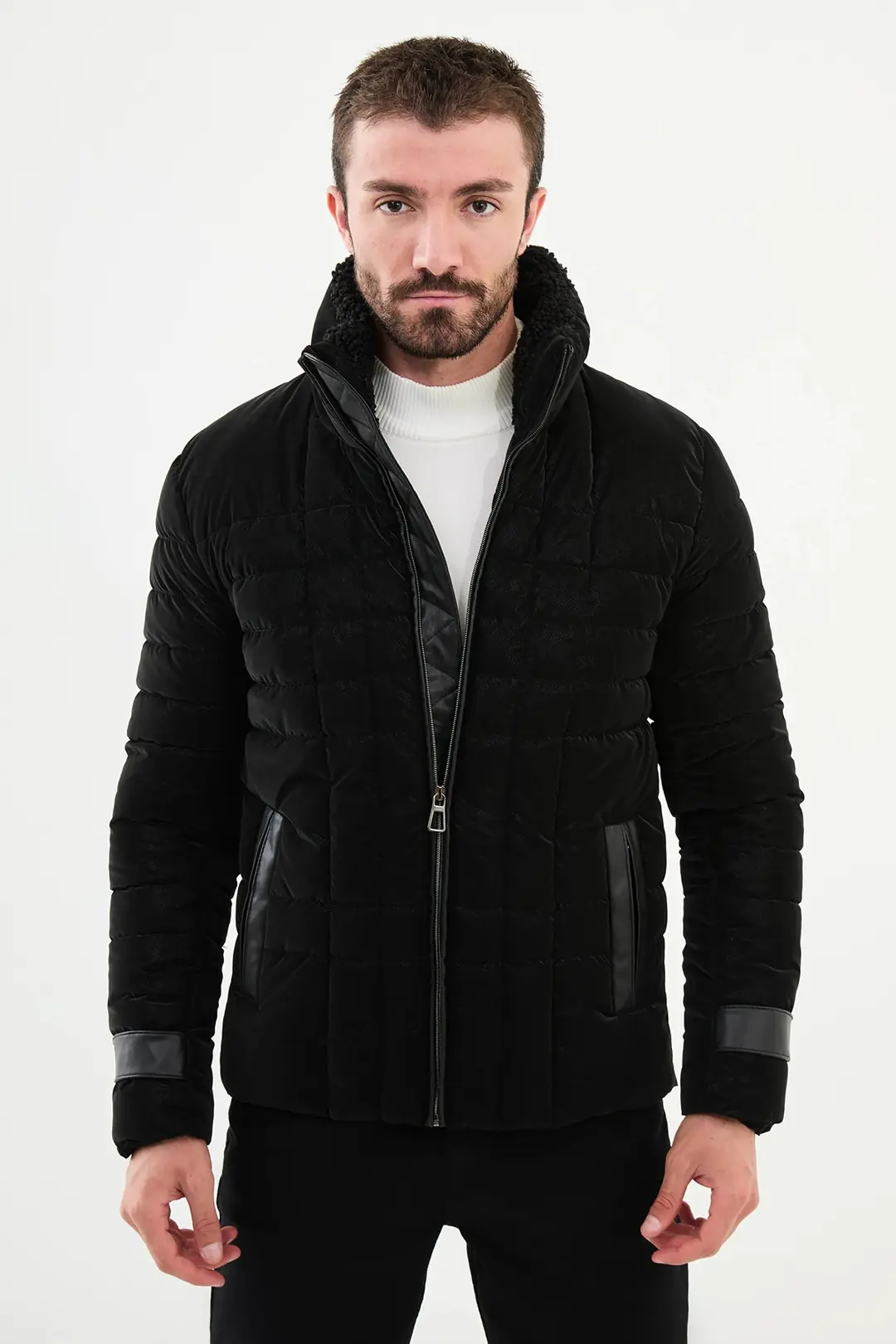 Slim Fit Erkek Fermuarlı Cepli Kürk Boyunlu Yarı Parlak  Şişme Mont - SİYAH