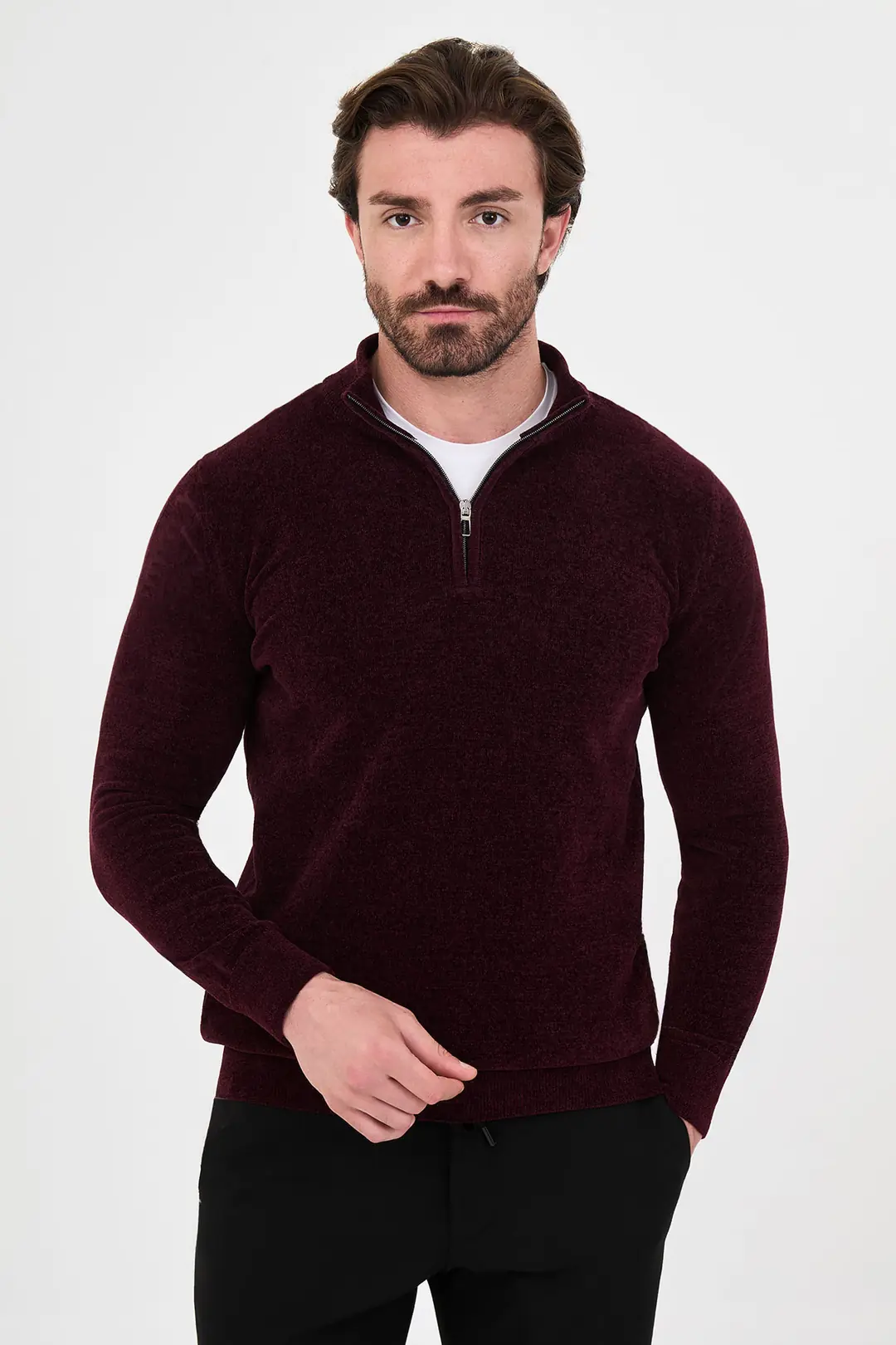 Slim Fit Erkek Fermuarlı  Boğazlı Model Pamuklu Yumuşak Sweat - BORDO