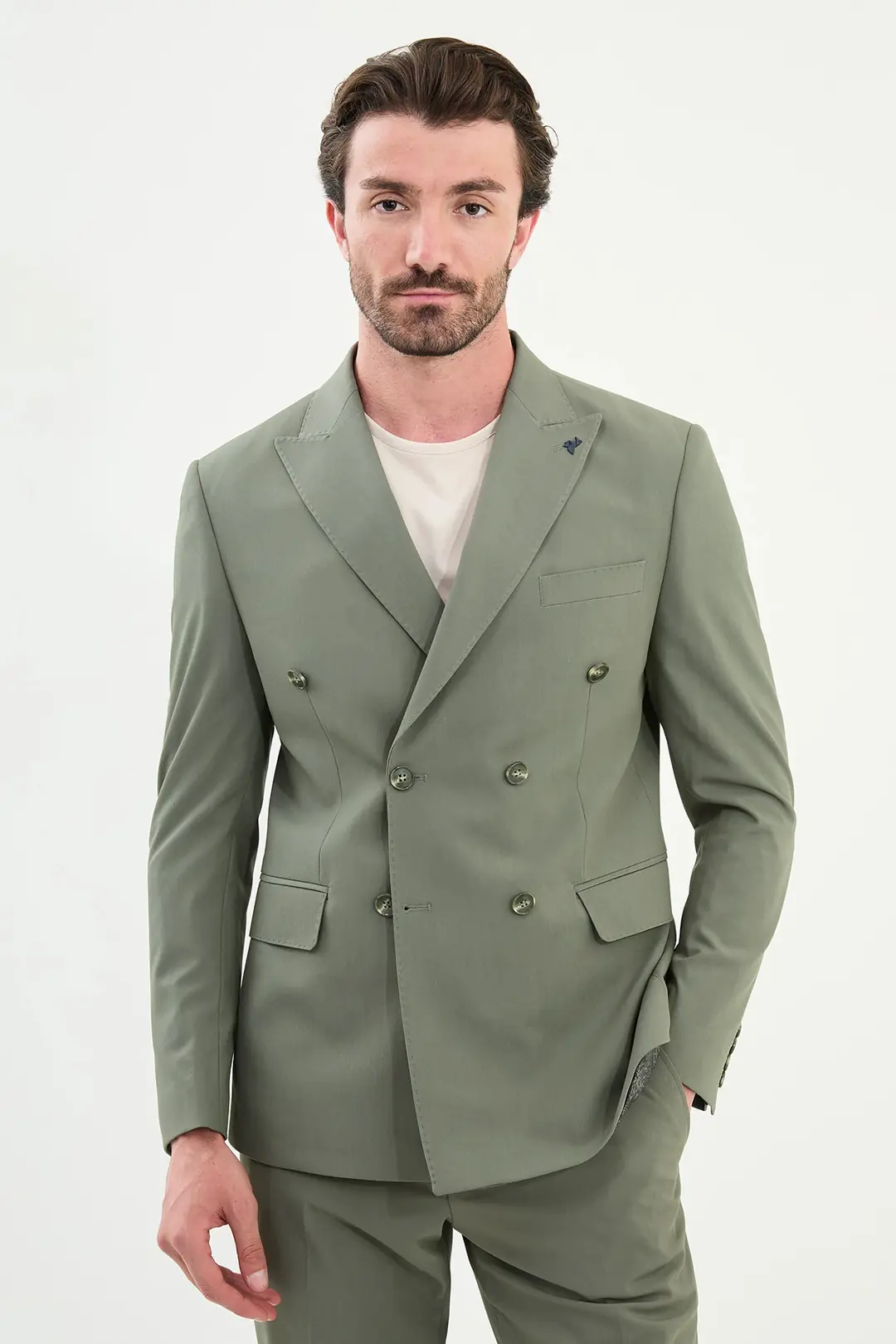 Slim Fit Erkek Kırlangıç Yaka Likralı Rahat Kruvaze Takım Elbise - YEŞİL