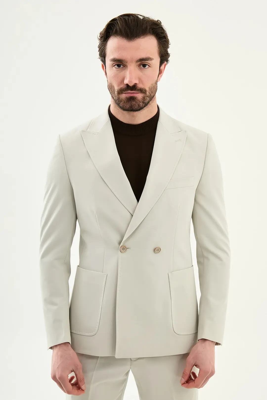 Relaxed Fit Erkek Kırlangıç Yaka Çift Düğme Takım Elbise - ECRU