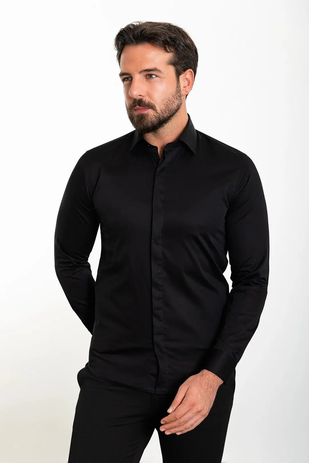 Slim Fit Erkek Klasik Gizli Düğme Uzun Kol Gömlek 2