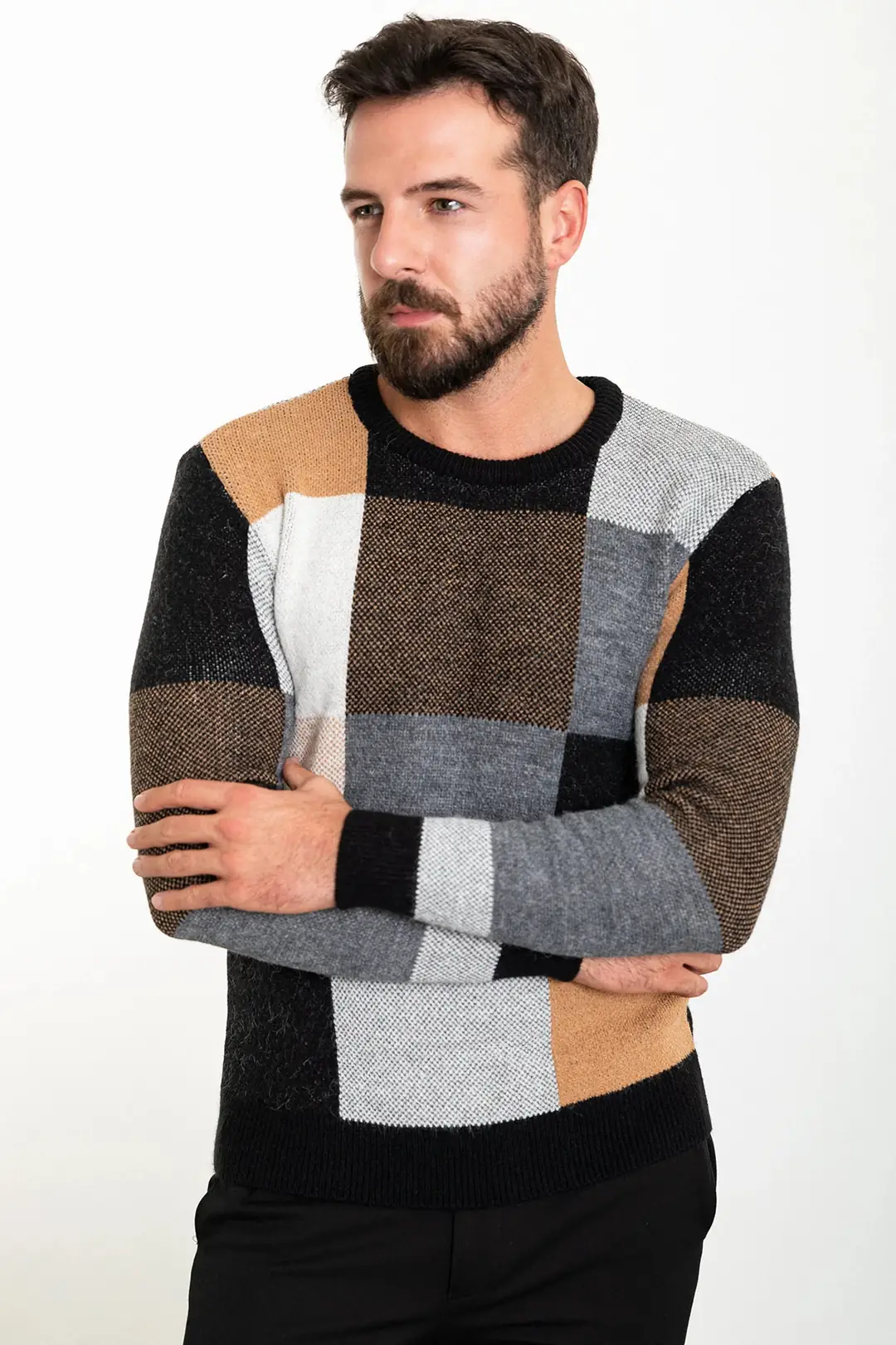 Slim Fit Erkek Parça Desen Yün Örme Triko Kazak 3