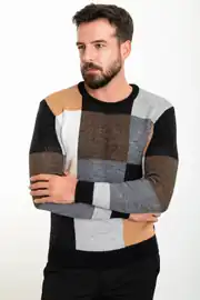 Slim Fit Erkek Parça Desen Yün Örme Triko Kazak 3