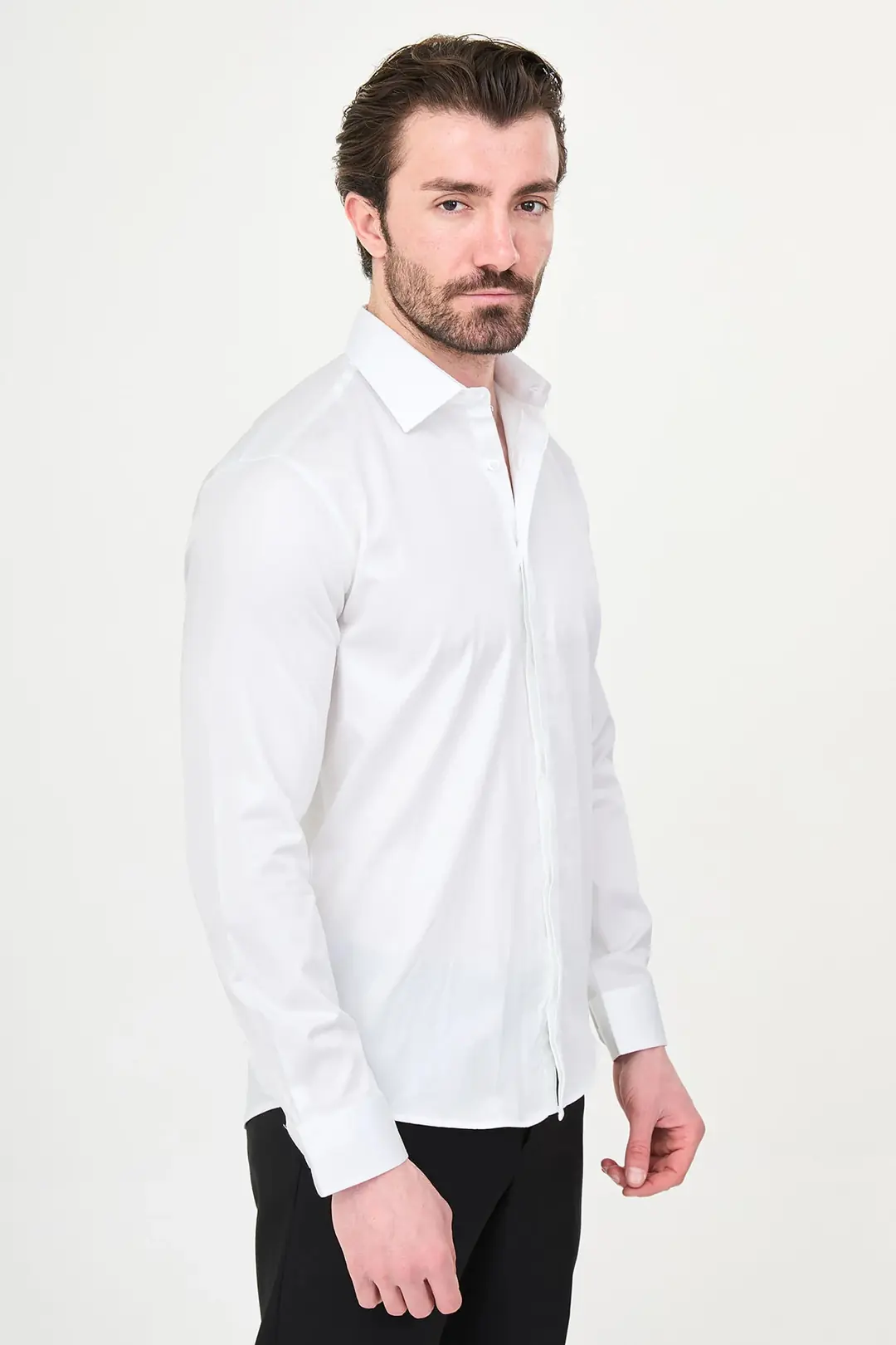 Slim Fit Erkek  Gizli Düğme Düz Uzun Kol Klasik Gömlek 3
