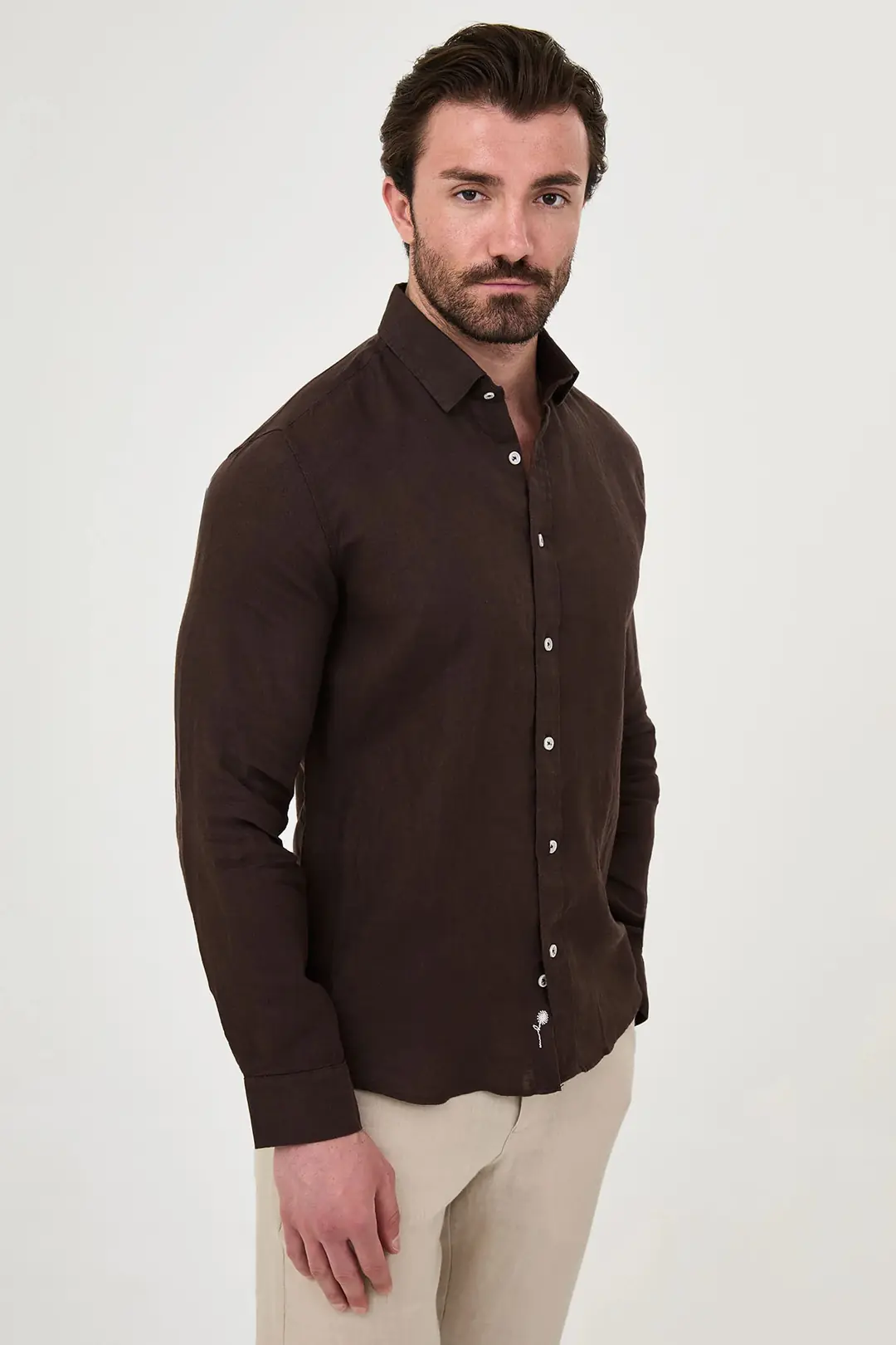 Slim Fit Erkek Gizli Düğmeli Yaka Ham Keten Spor Gömlek 3