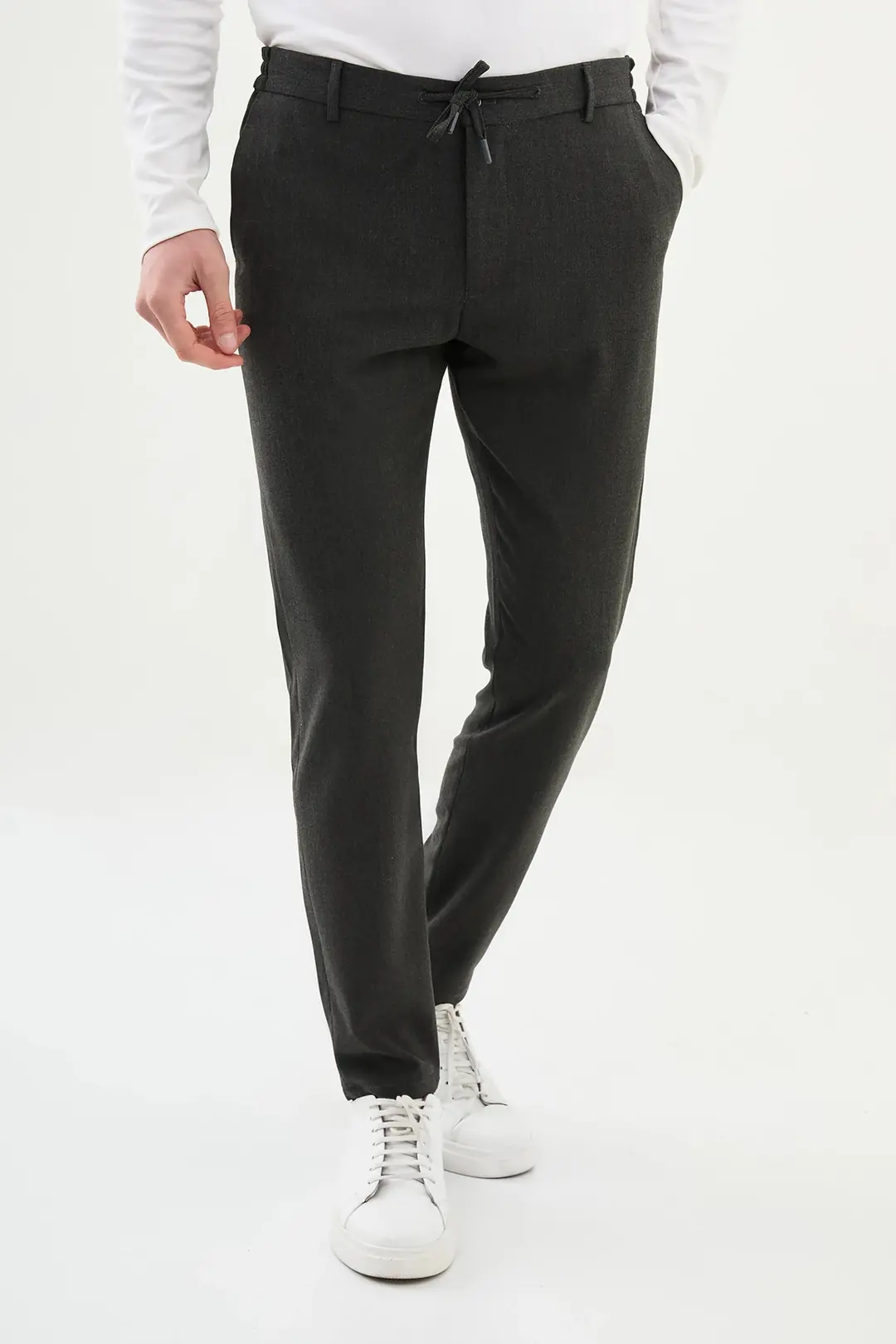 Slim Fit Erkek İpli Lastikli Düz Kumaş Jogger Pantolon 1