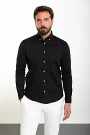 SLİM FİT DÜĞMELİ YAKA ERKEK LİKRALI  GÖMLEK 1