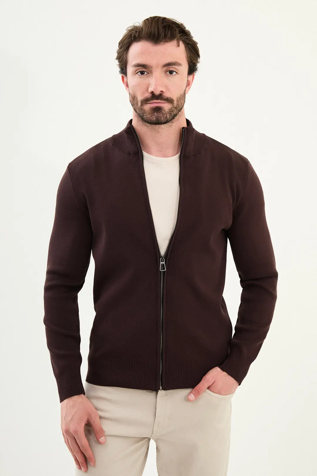 Slim Fit Erkek Çift Fermuarlı Boğazlı Yaka Örme Hırka - KAHVERENGİ