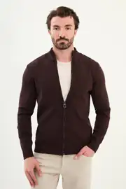 Slim Fit Erkek Çift Fermuarlı Boğazlı Yaka Örme Hırka 1