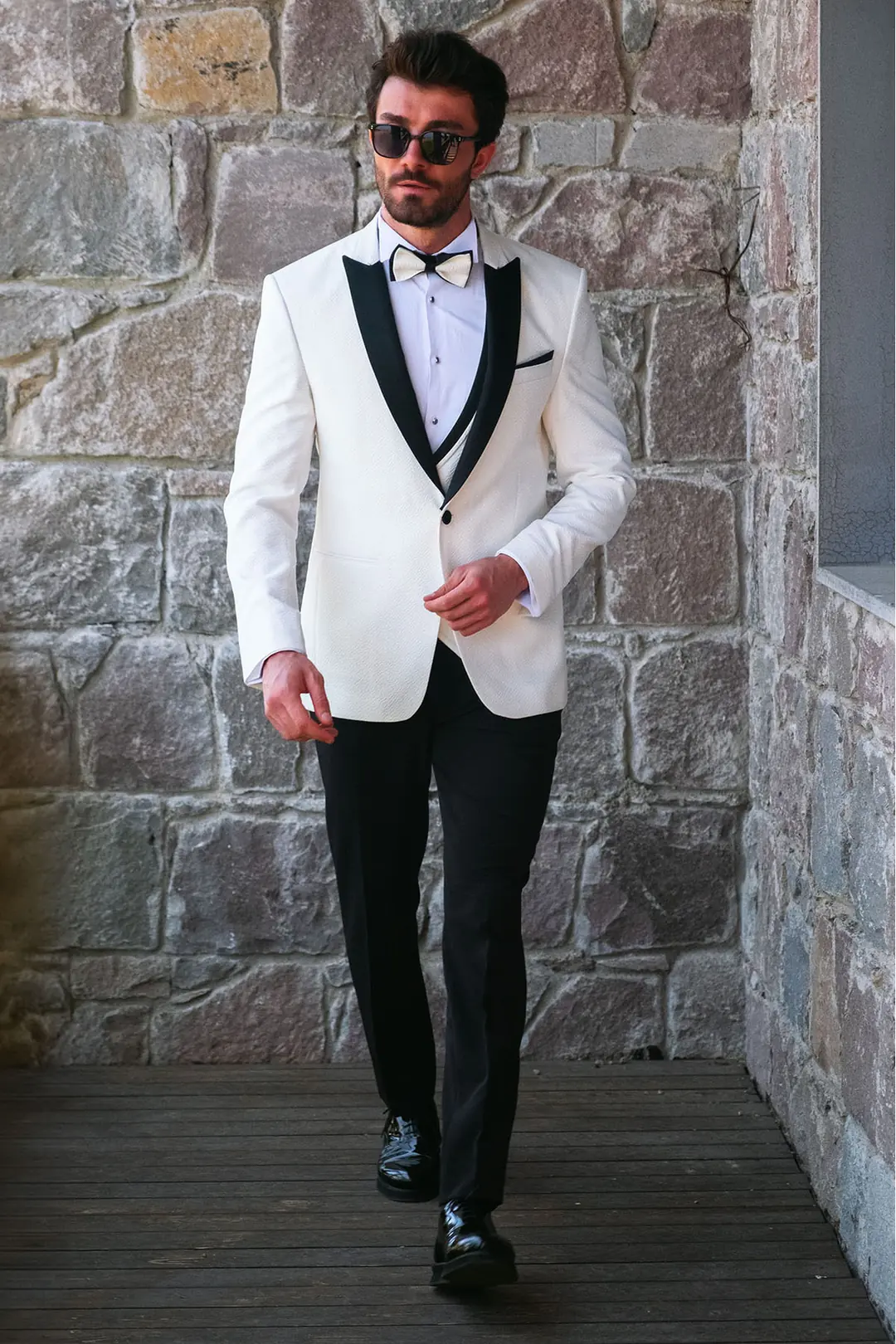 Slim Fit Erkek Kırlangıç Yaka  Yelekli Gofre  Kumaş Smokin