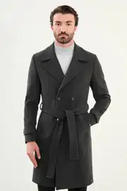 Erkek Yün Kumaş Geniş Yaka Kruvaze Model Kuşaklı Uzun Kaban  1