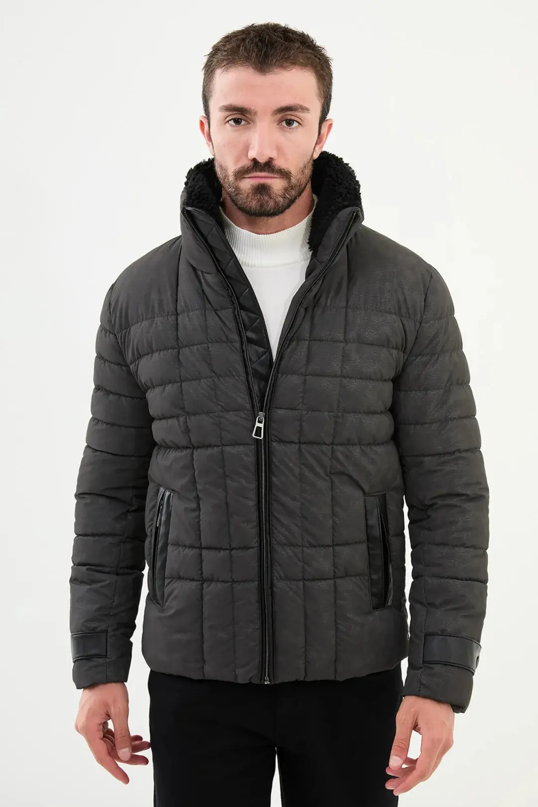 Slim Fit Erkek Fermuarlı Cepli Kürk Boyunlu Yarı Parlak  Şişme Mont - ANTRASİT