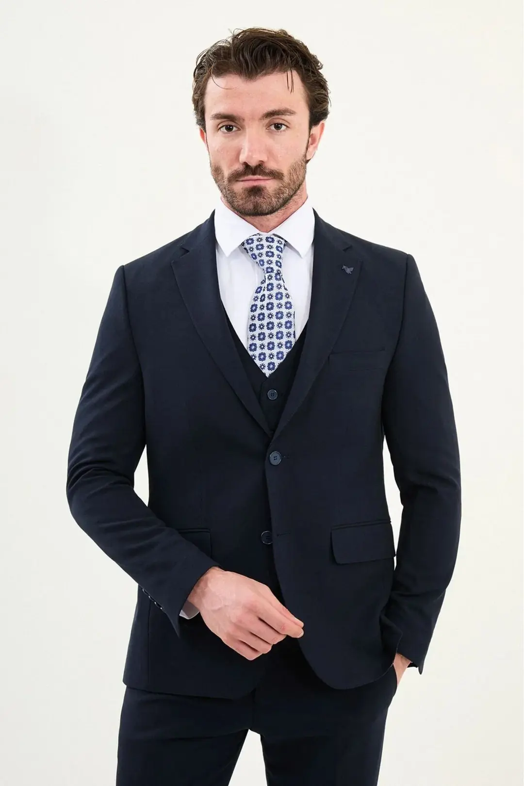 Slim Fit Erkek Mono Yaka Likralı Yelekli Takım Elbise - LACİVERT