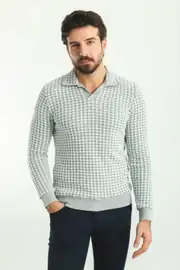 Slim Fit Erkek Kaz Ayağı Desen Polo Yaka Triko Kazak 1
