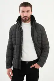 Slim Fit Erkek Fermuarlı Cepli Kürk Boyunlu Yarı Parlak  Şişme Mont 2