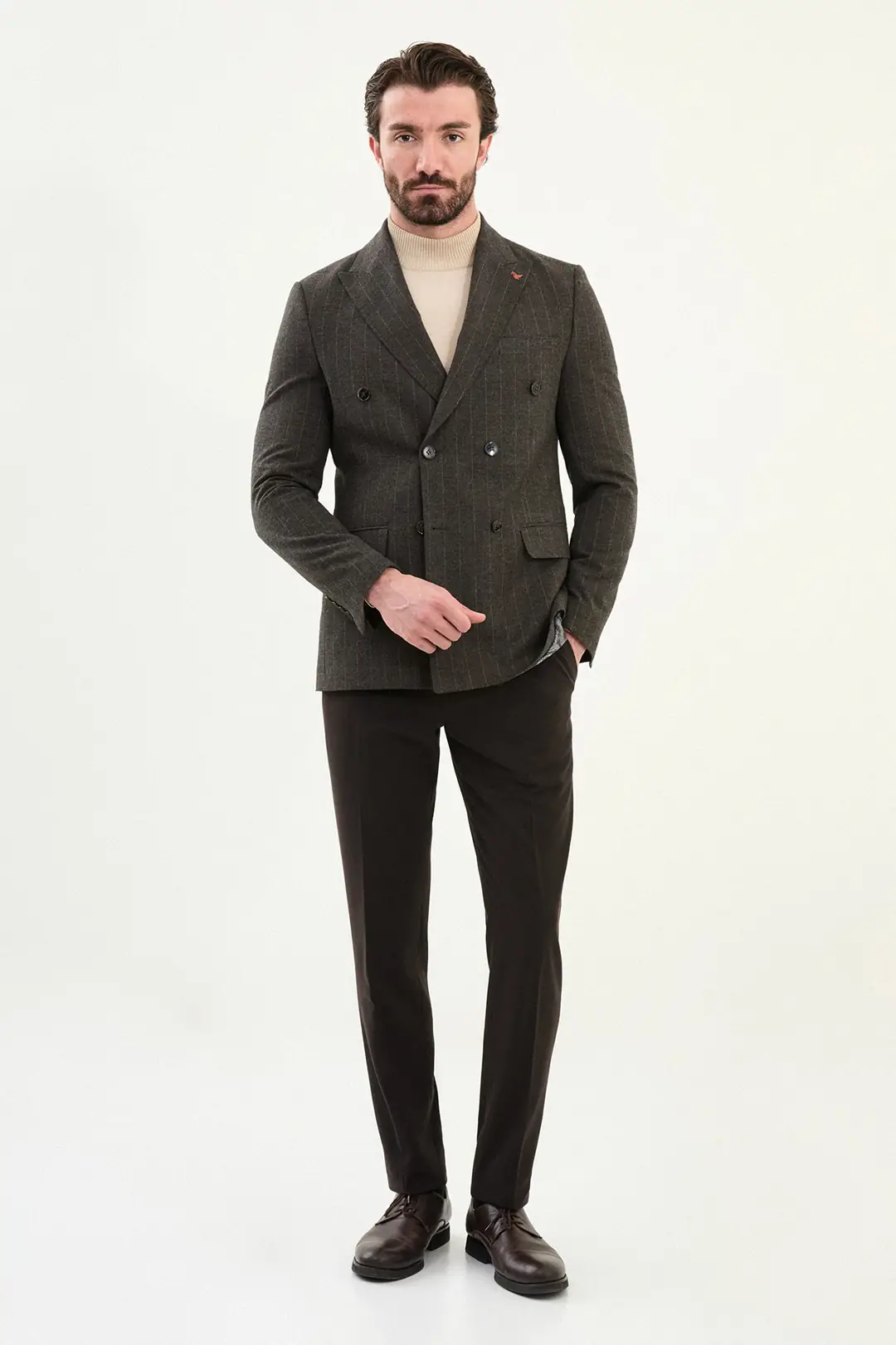 Slim Fit Erkek Çizgili Geniş Yaka Yün Kışlık Ceket 4