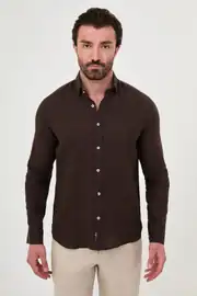 Slim Fit Erkek Gizli Düğmeli Yaka Ham Keten Spor Gömlek 1