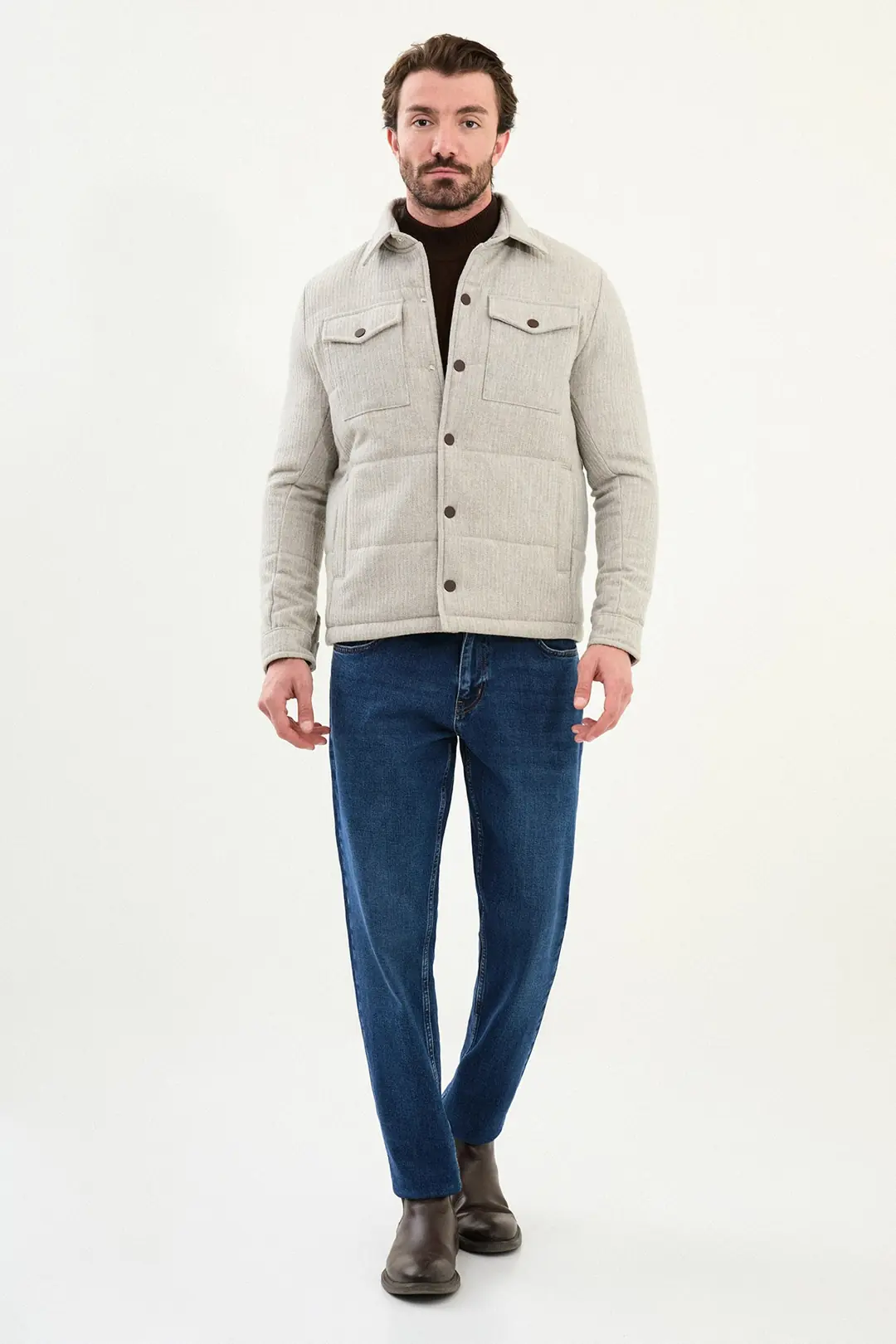 Slim Fit Erkek Cepli Çıt Çıtlı Gömlek Yaka Dolum Mont 3