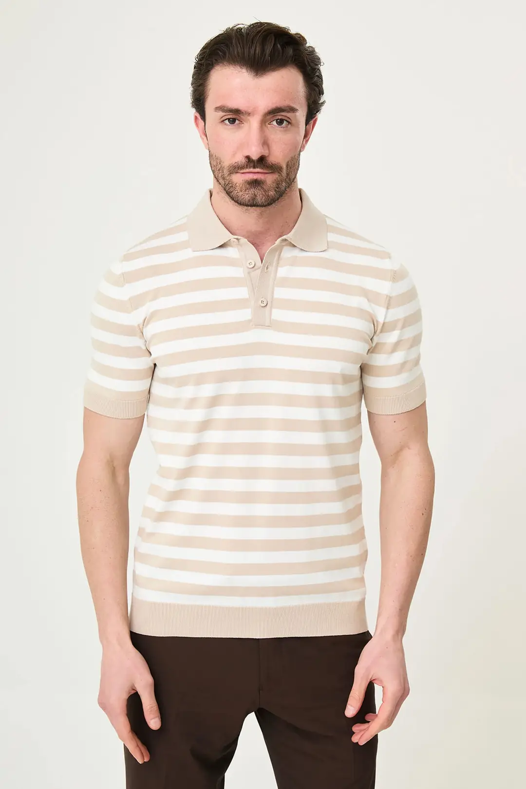 Slim Fit Polo Yaka Düğmeli Çizgili Kısa Kollu Tshırt 5