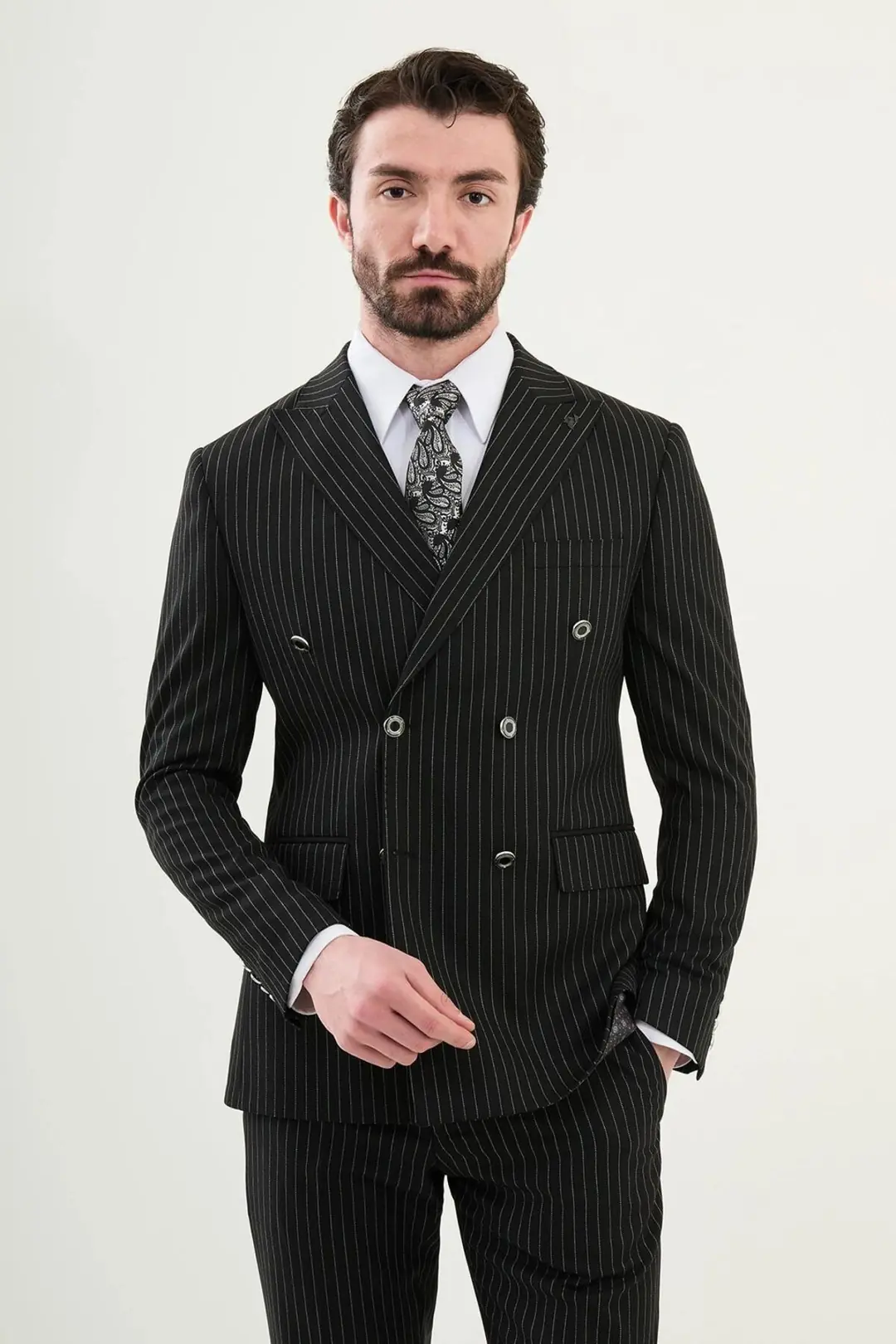 Slim Fit Erkek Çizgili Sivri Yaka Modern Takım Elbise - SİYAH