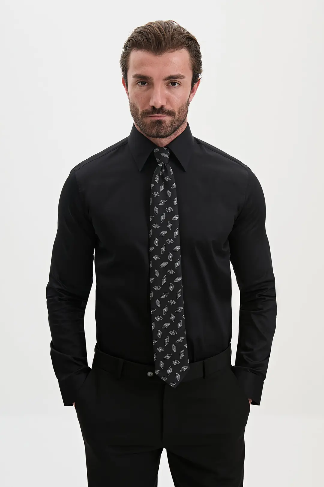 Slim Fit Erkek Geniş Yaka Düz Kumaş Pamuk Saten Gömlek  2
